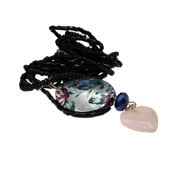 Vintage Hand Beaded Hearts and Flowers Drop Pendant on Multi Strand Black - Picture 2 of 5